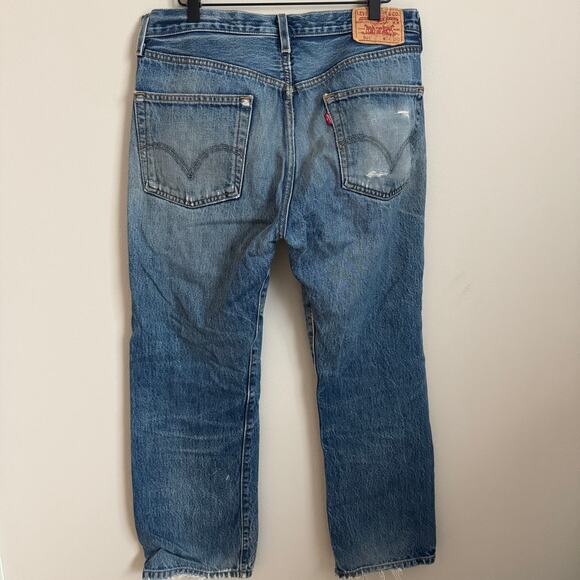 Vintage 90s Levis 501s Thrashed Med Wash Mens 34 x 30 Distressed Red Tab Jeans - Picture 10 of 13